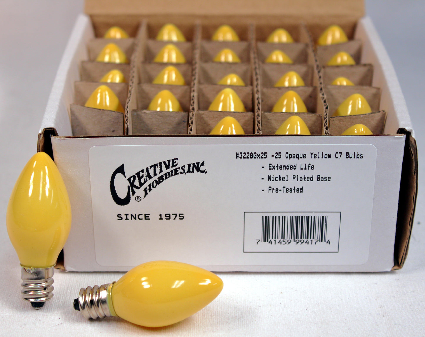 BOX OF 25 NIGHT LIGHT CANDLE LAMP BULBS -5 watt, C7, -OPAQUE YELLOW - close-up