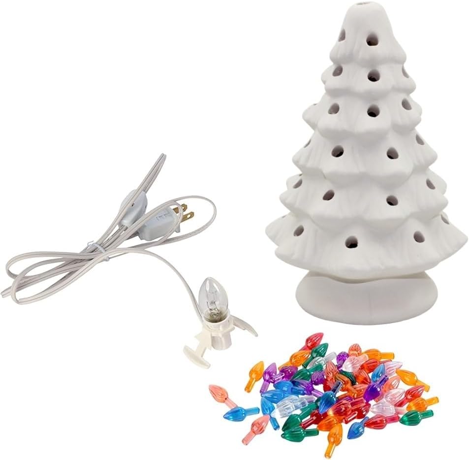 BIS 2005 ceramic bisque Christmas tree with electrical cord, bulb and multicolored plastic twist inserts