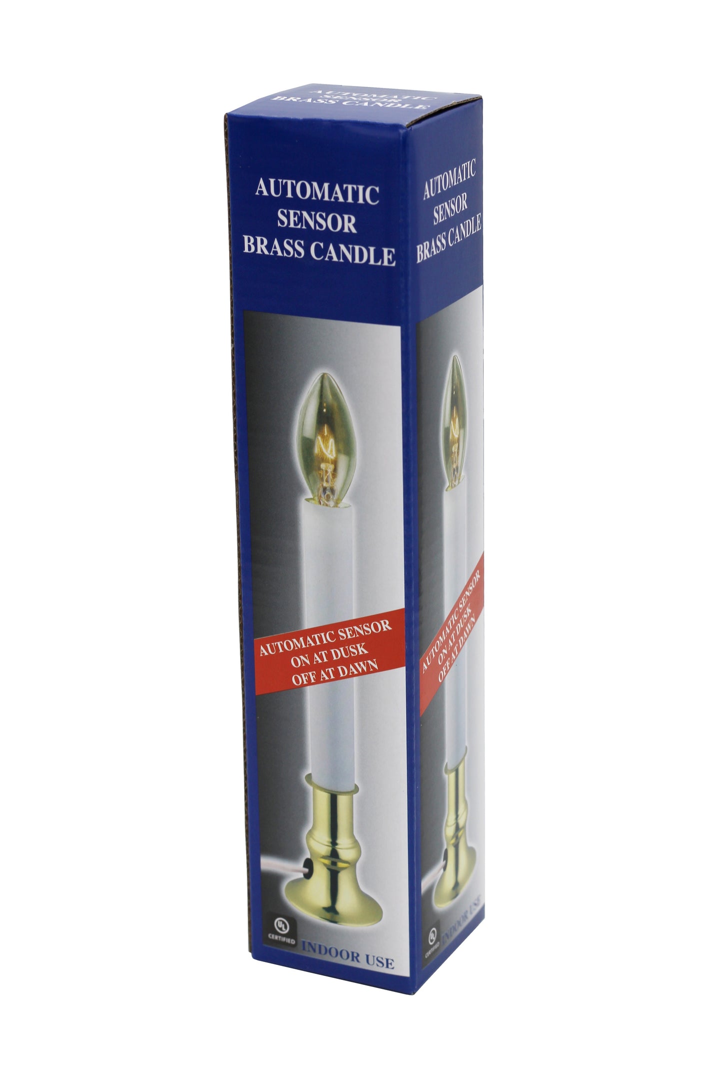 Electric Sensor Window Candle w/ Brass Plated Base, Dusk to Dawn Sensor Turns - close-up