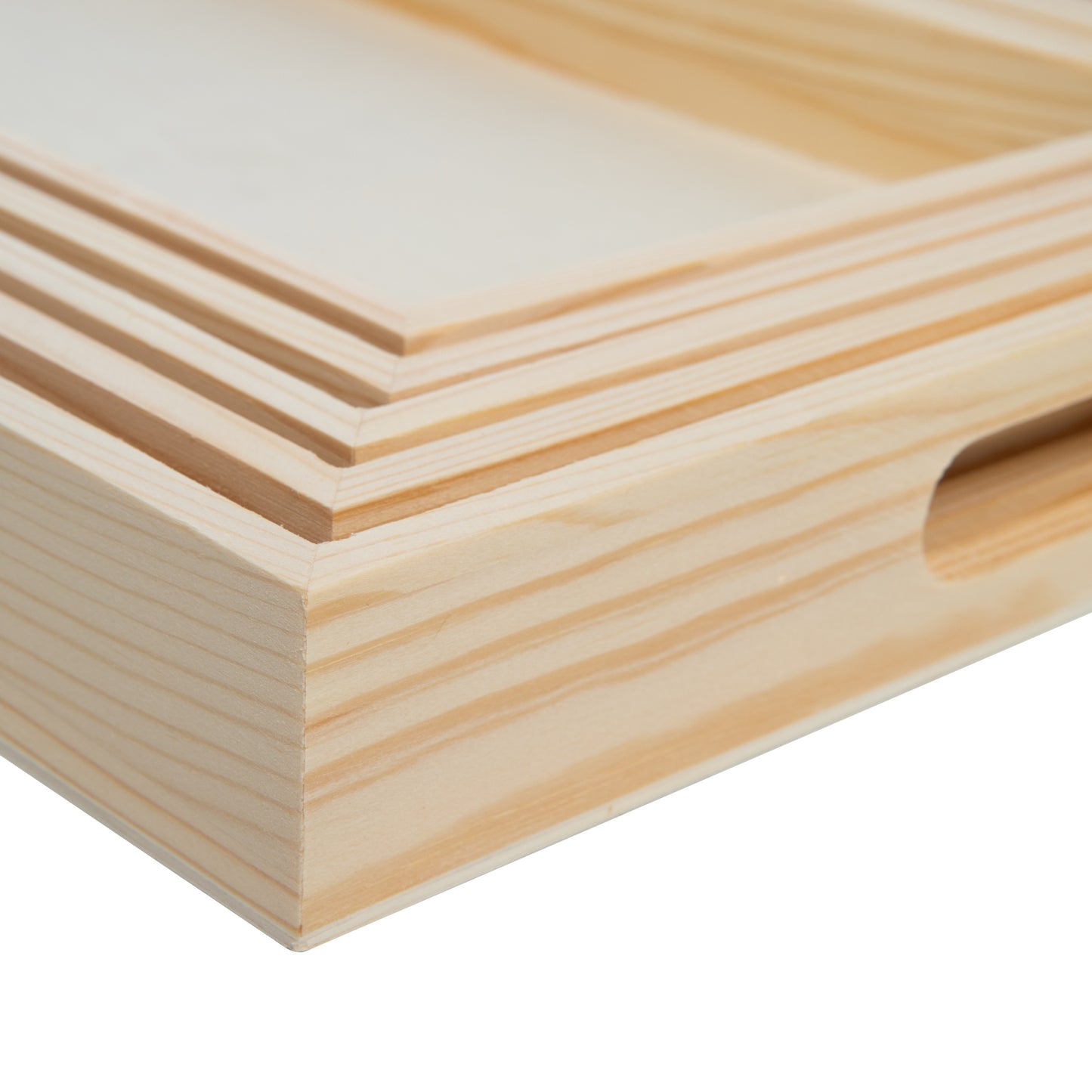 Wooden Nested Serving Trays - Set of 5 Unfinished Rectangle Trays with Cut-Out - close-up