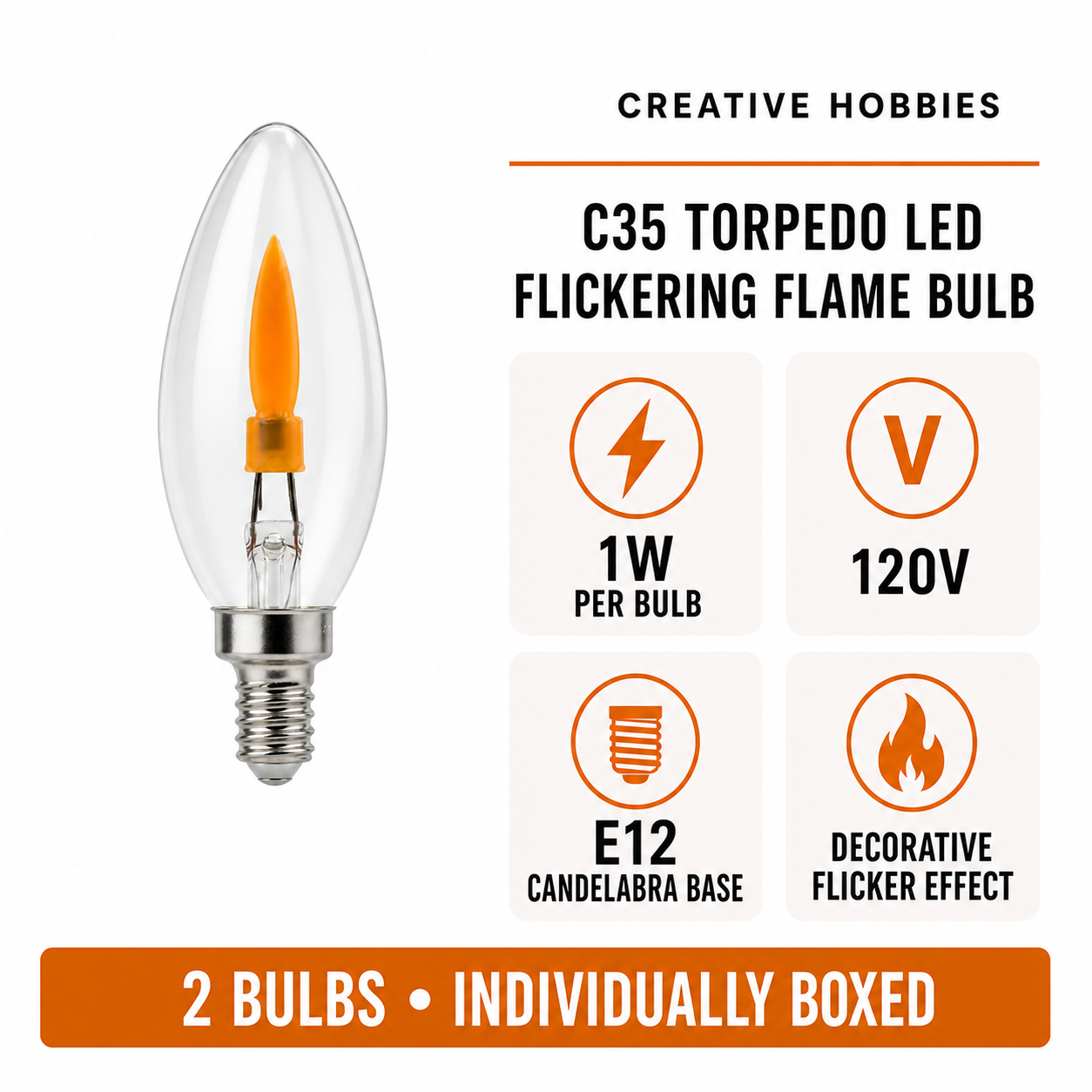 Creative Hobbies E12 LED Flicker Flame Bulbs, 1W, 2 Pack