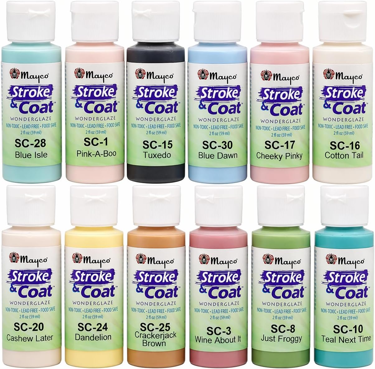 Mayco Stroke and Coat glaze bottles in assorted colors
