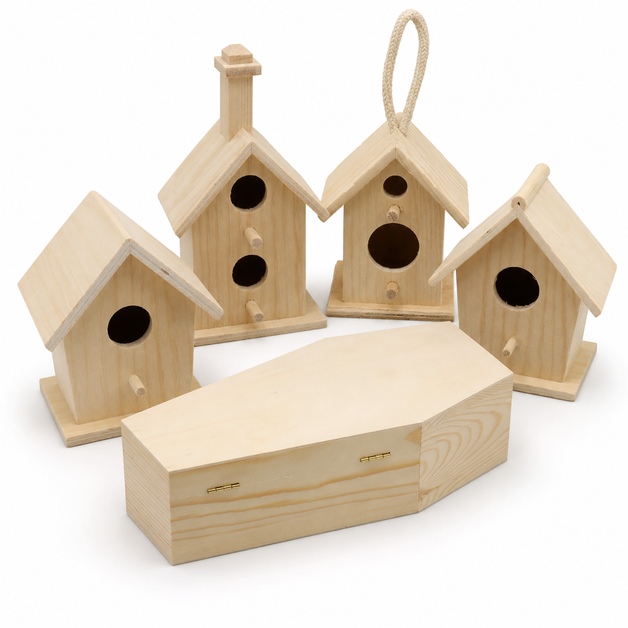 Unfinished wood birdhouses, cutout shapes and craft box with one painted birdhouse and brush