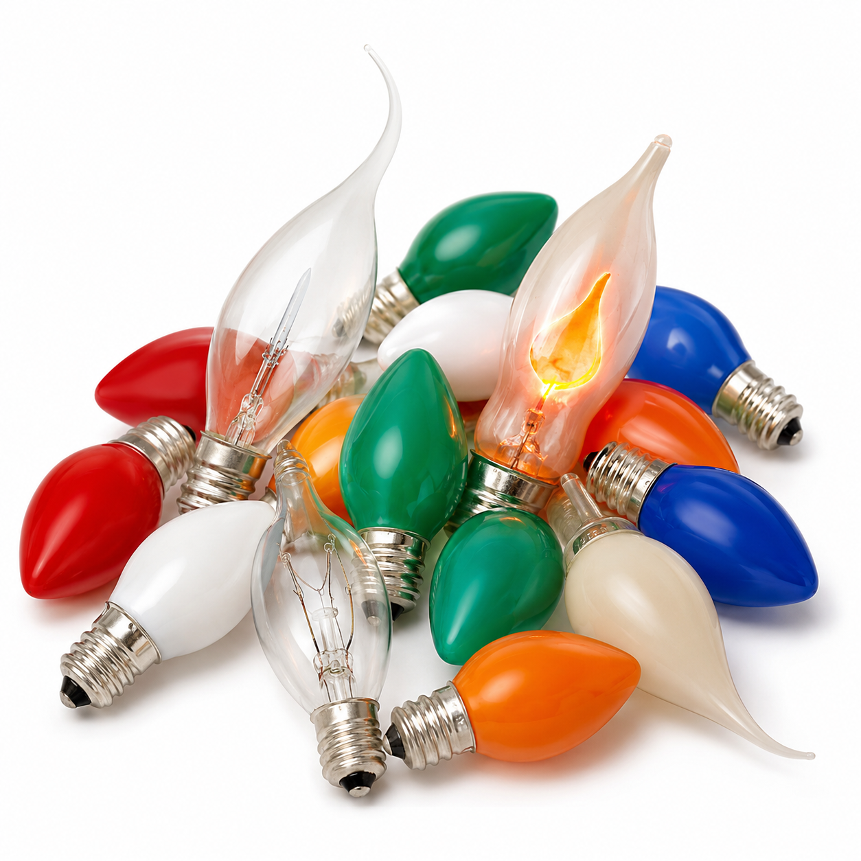 Specialty replacement light bulbs including candelabra, silicone-dipped and flicker flame styles