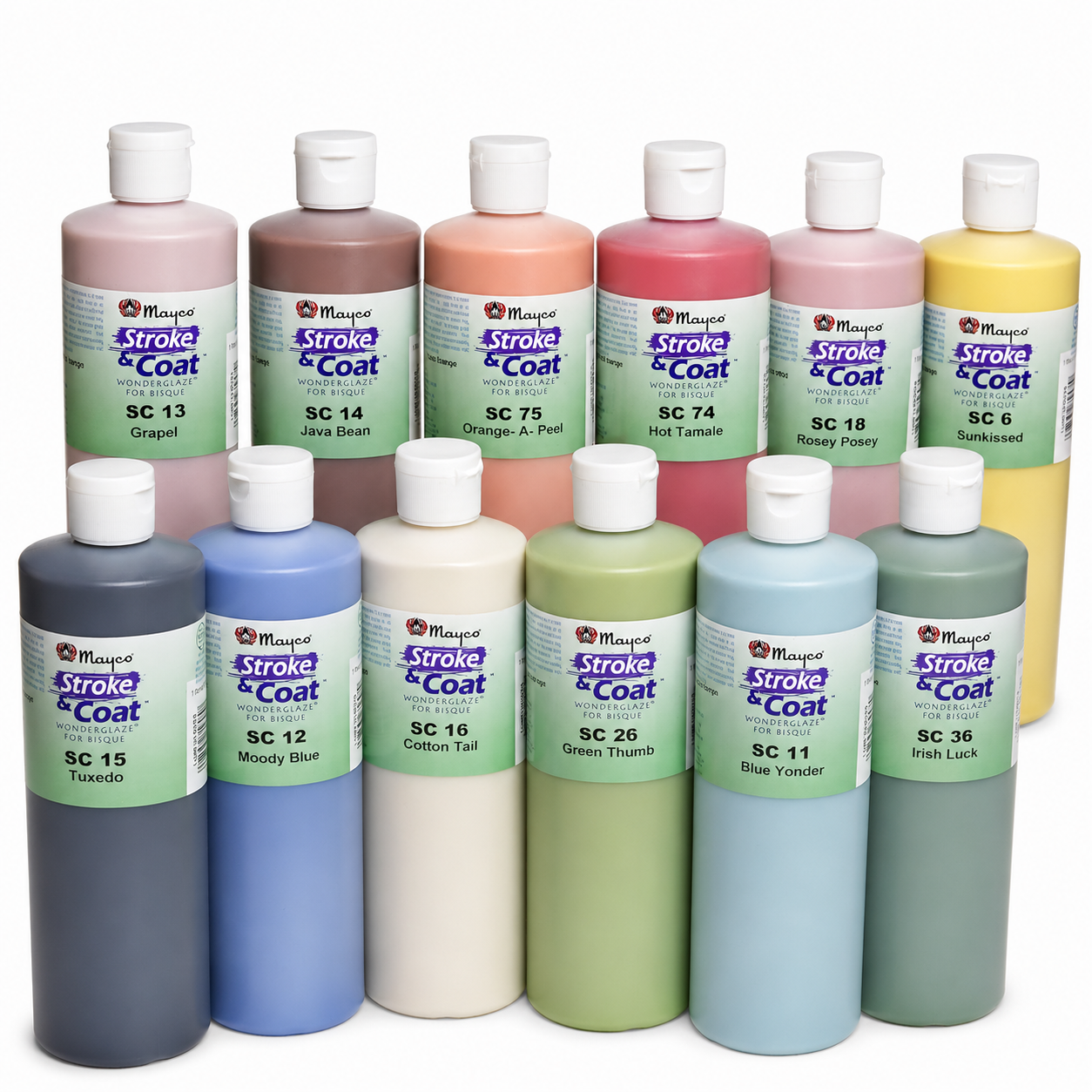 Mayco Stroke and Coat glaze bottles in assorted colors