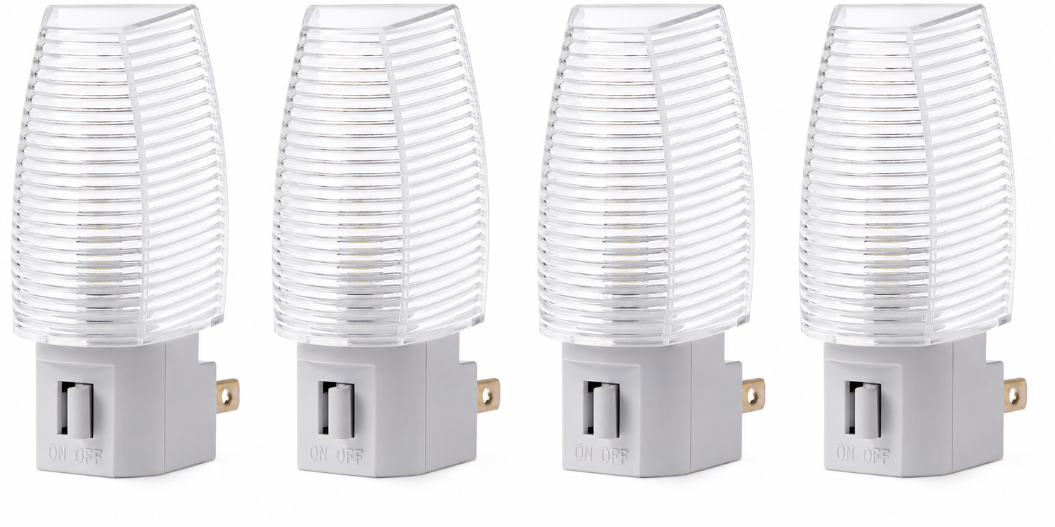 Plug-in night lights with sensor and manual on/off options including ribbed shade styles
