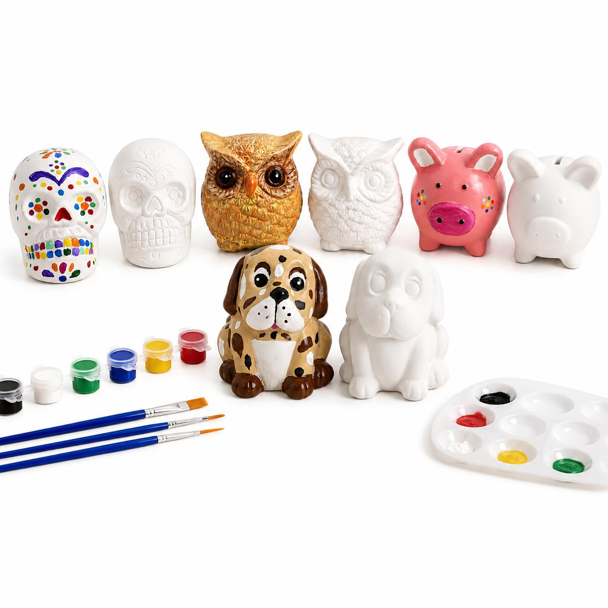 Arts and crafts supplies including ready-to-paint ceramic bisque, craft tiles and applicators