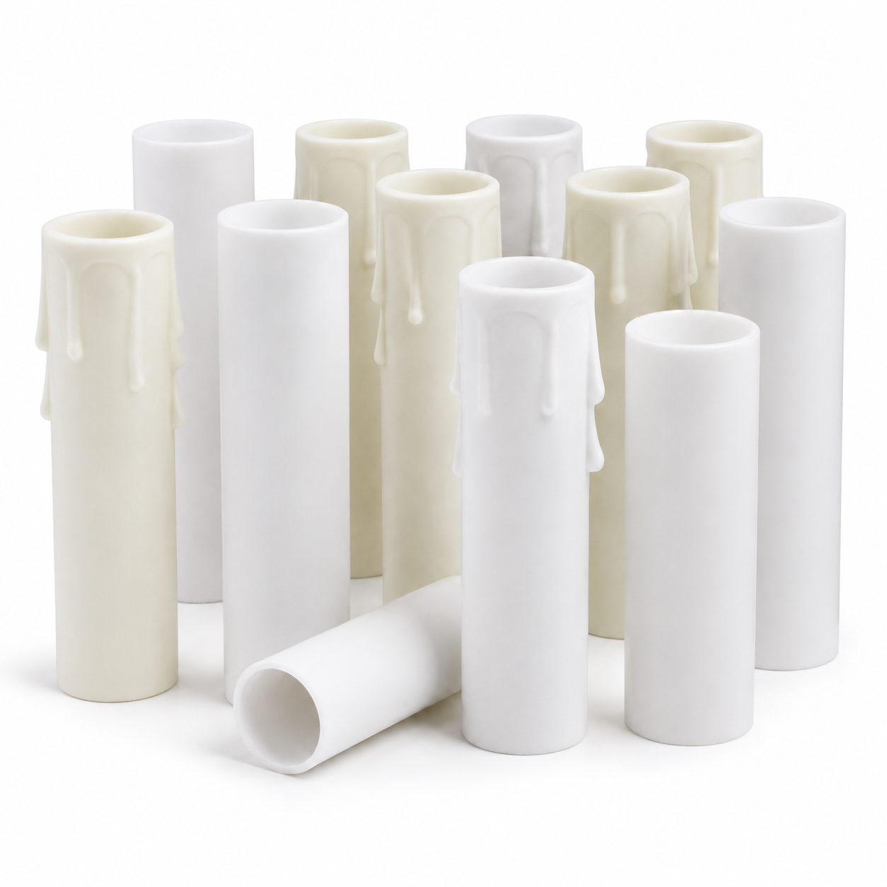 White candle covers for chandelier and candelabra lamp sockets in drip and smooth styles
