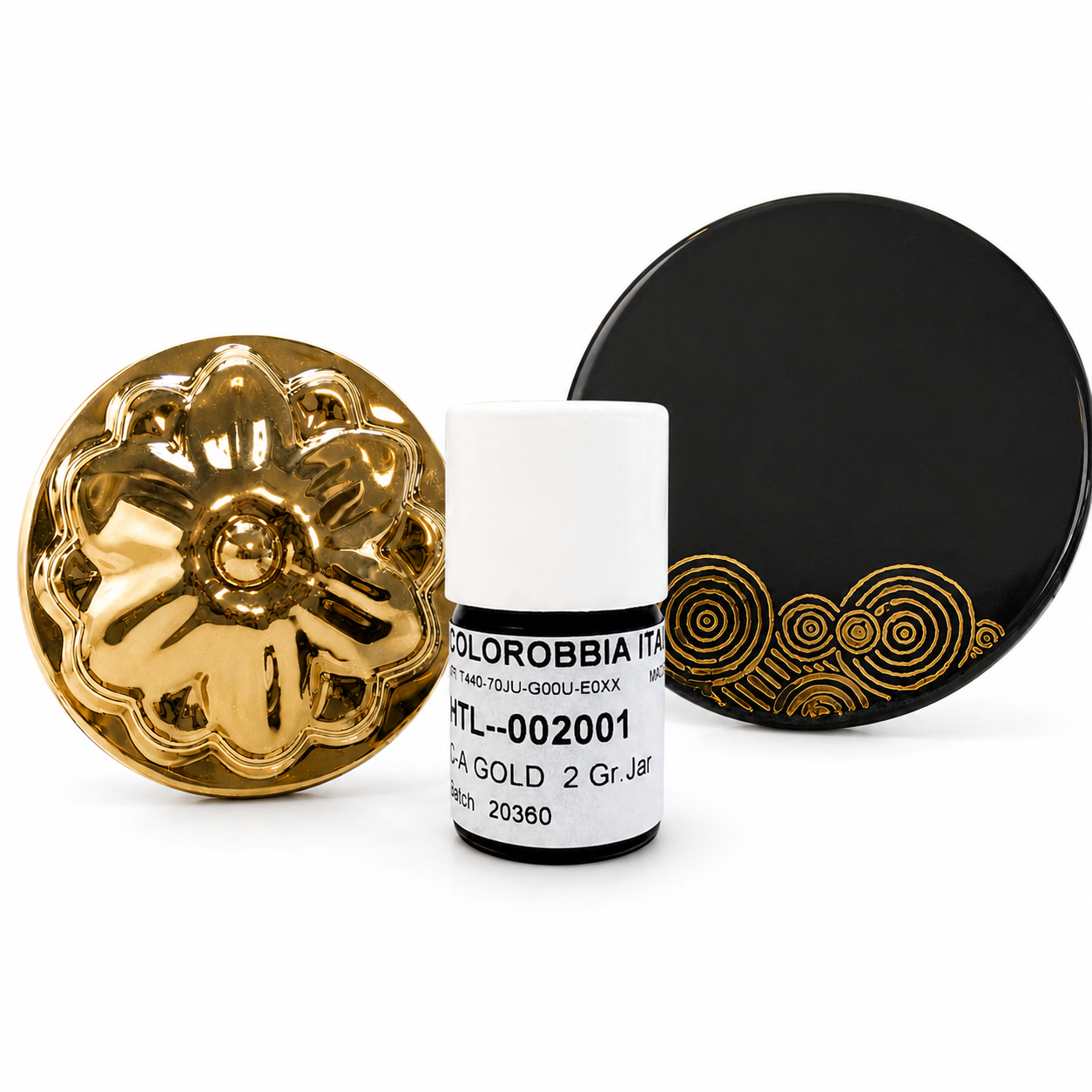 Colorobbia gold luster overglaze vial with kiln-fired ceramic pieces showing gold finish