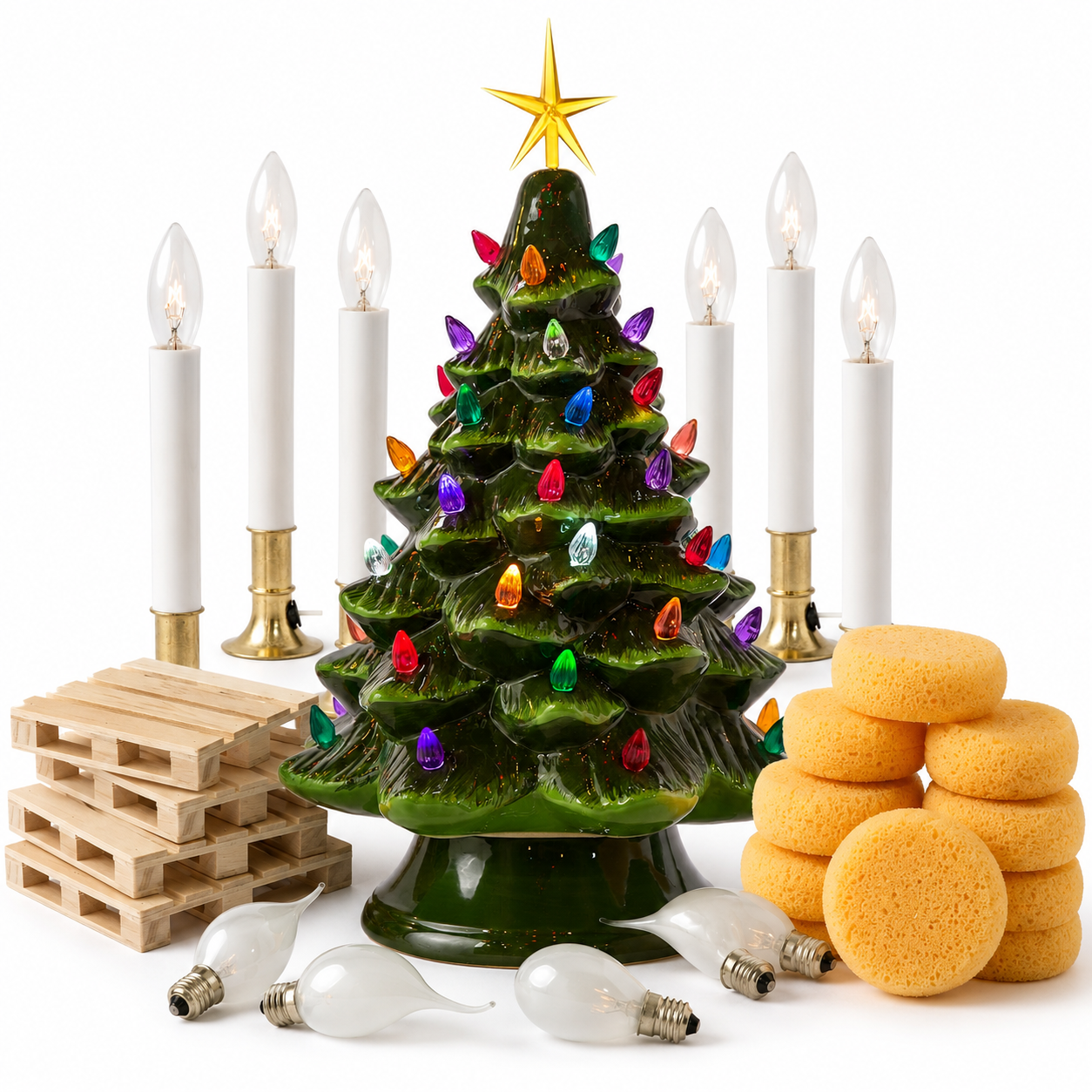 Creative Hobbies craft supplies with ceramic Christmas tree, window candles, bulbs and craft sponges