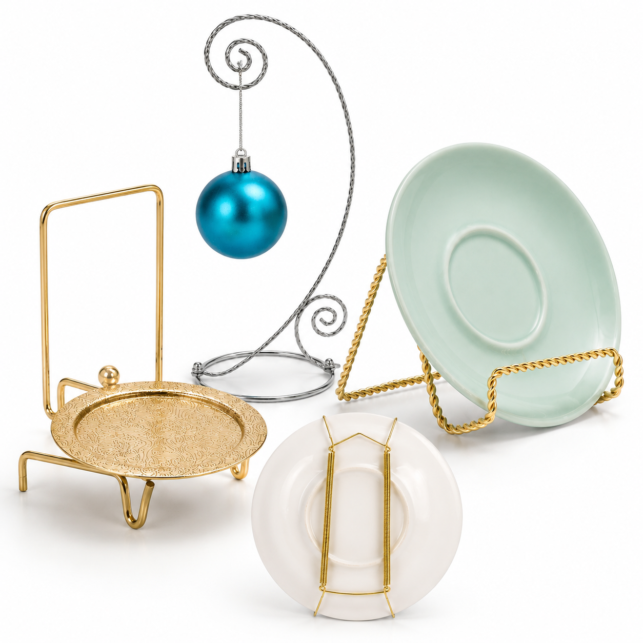 Ornament display tree and plate stands holding decorative piece
