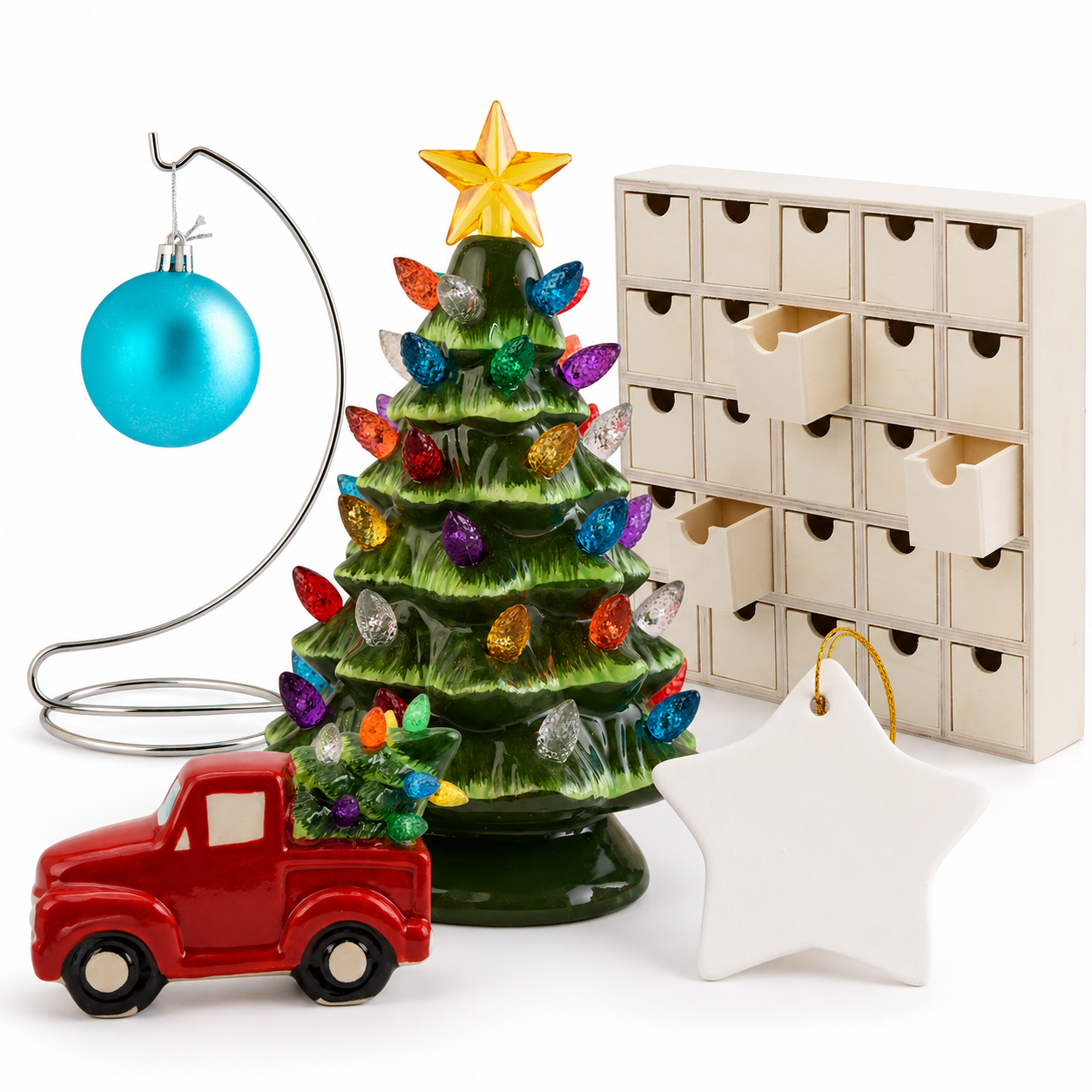 Holiday craft supplies including clear fillable ornaments and seasonal decorations