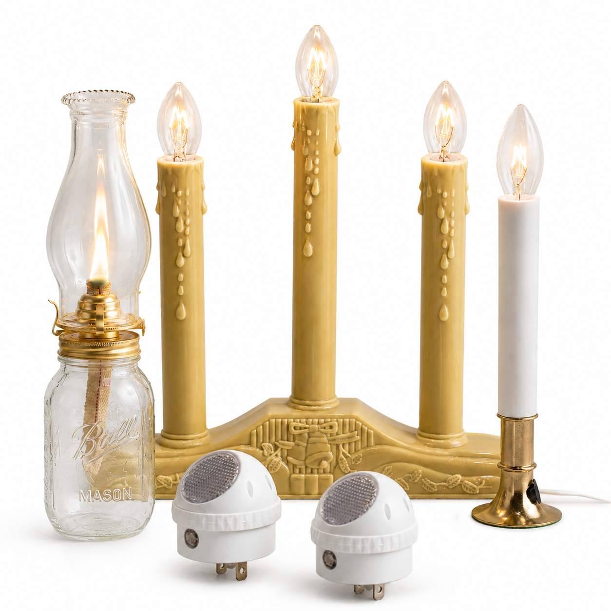 Electric window candle with brass base and decorative home accent pieces