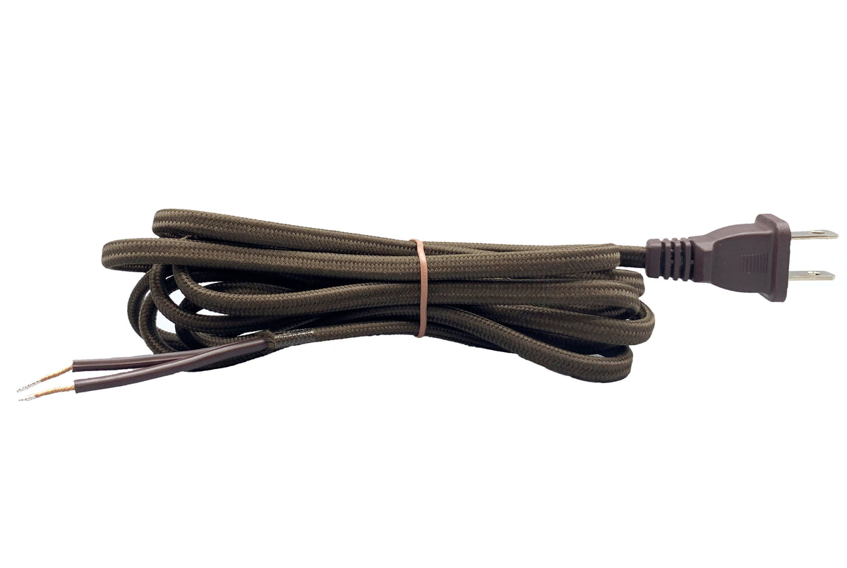 Brown Rayon Cloth Covered Electric Lamp Cord with End Plug, Stripped Ends Ready for Wiring - 8 Foot, SPT-2 UL Listed