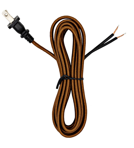Brown Rayon Cloth Covered Electric Lamp Cord with End Plug, Stripped Ends Ready for Wiring - 8 Foot, SPT-2 UL Listed