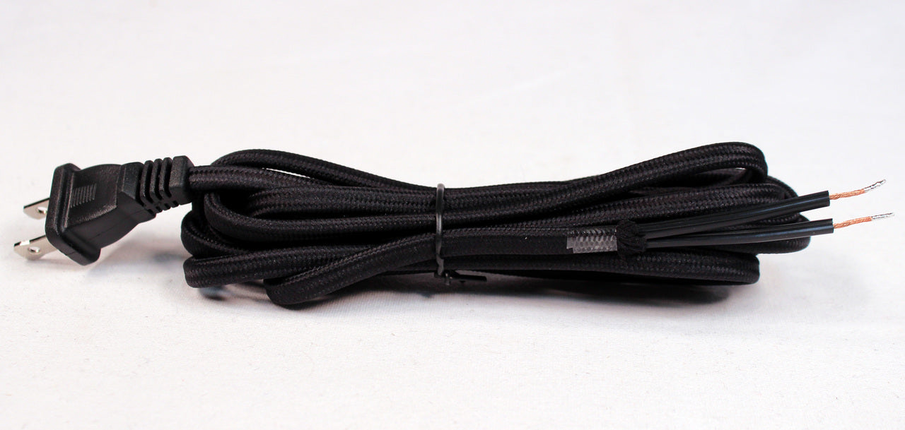 Black Rayon Cloth Covered Electric Lamp Cord with End Plug, Stripped Ends Ready - for diy