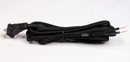 Black Rayon Cloth Covered Electric Lamp Cord with End Plug, Stripped Ends Ready - for diy