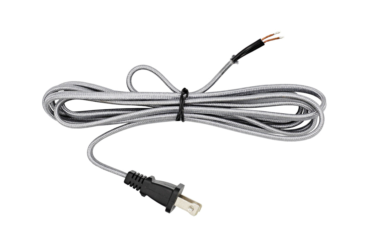 Silver Rayon Cloth Covered Electric Lamp Cord with End Plug, Stripped Ends - for diy