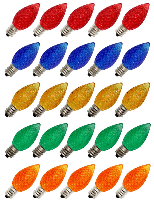 25 Pack C7 Faceted LED Multicolor Replacement Light Bulbs for Christmas