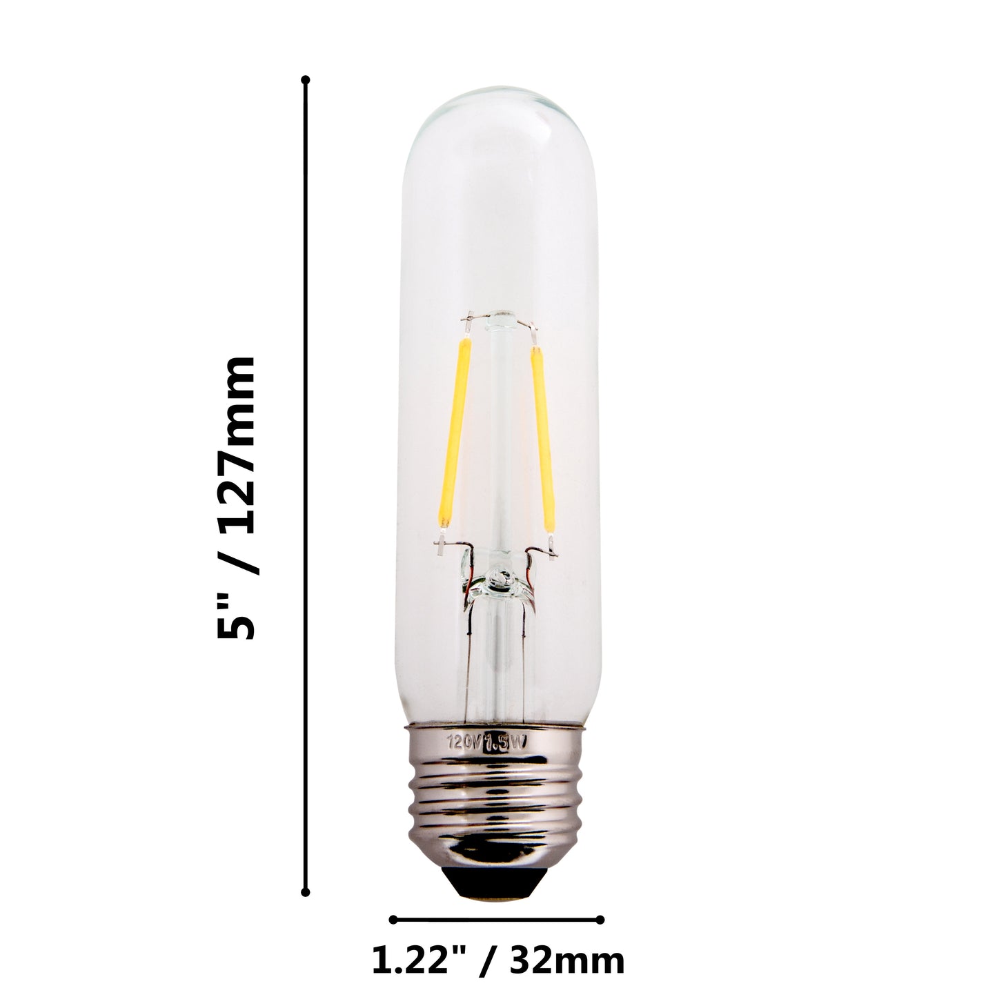 Clear 1.5W LED T10 Tubular Light Bulb - Nickel Plated E26 Medium Base (25 Watt - side view