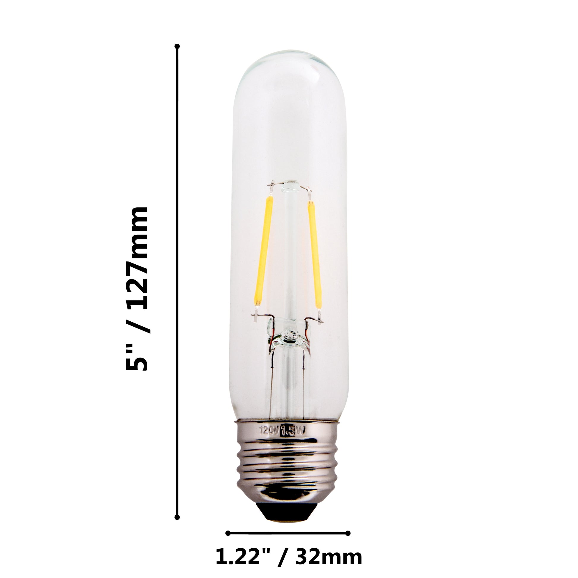 Clear 1.5W LED T10 Tubular Light Bulb - Nickel Plated E26 Medium Base (25 Watt - side view