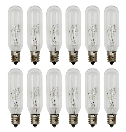15W T6 Incandescent Tubular Bulbs, 120V, E12 Candelabra Base, Clear Glass, Warm