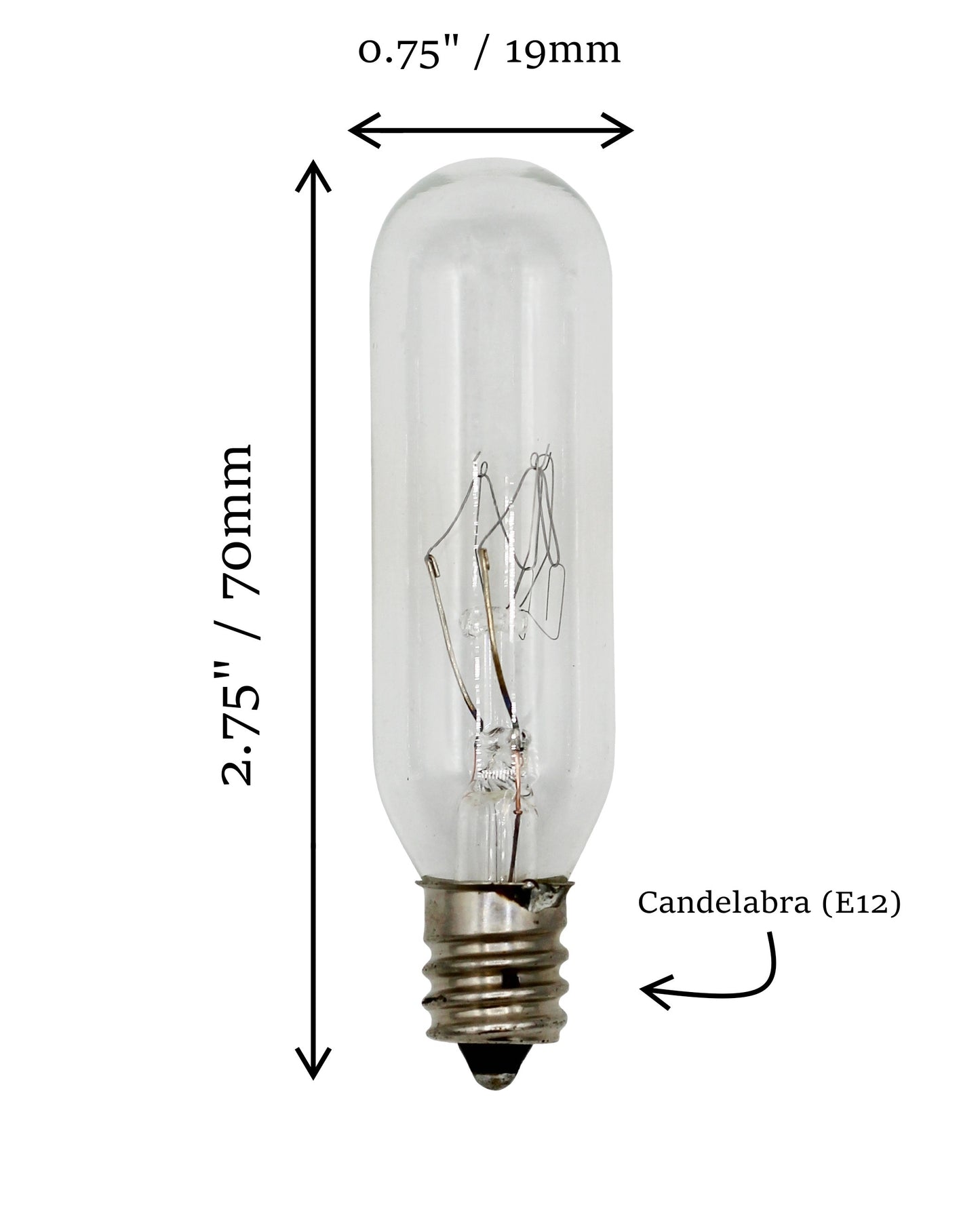25W T6 Incandescent Tubular Bulbs, 120V, E12 Candelabra Base, Clear Glass, Warm - side view