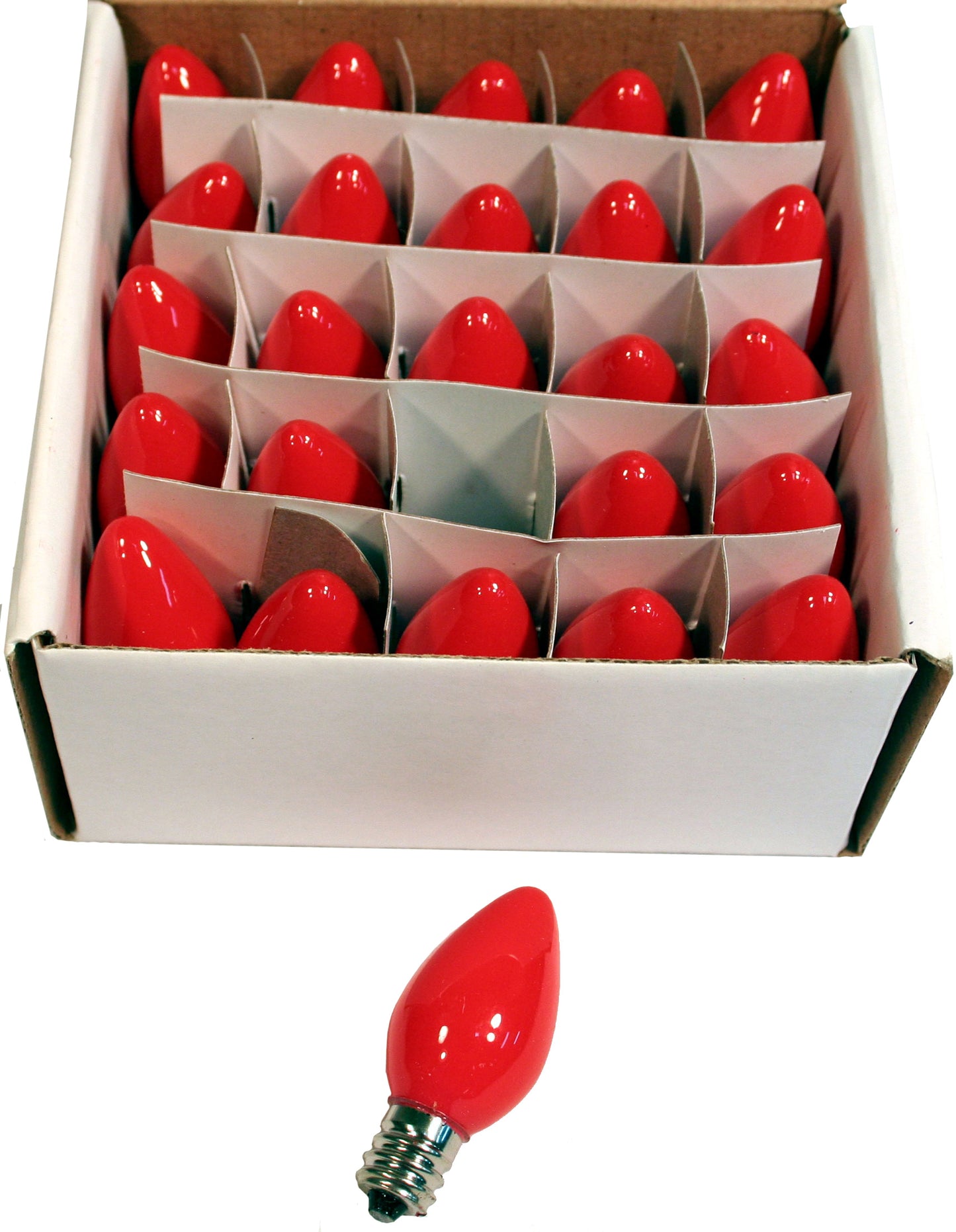 Ceramic Opaque Red, Box of 25 Light Bulbs, Steady Burning, 7 Watt, C7 - side view