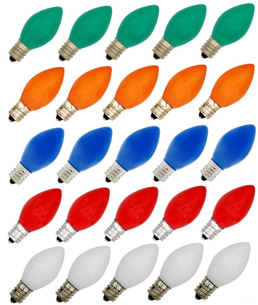 Box of 25 Ceramic Multicolor Blinker Bulbs – Green, Red, Orange, White & Blue, - for night light