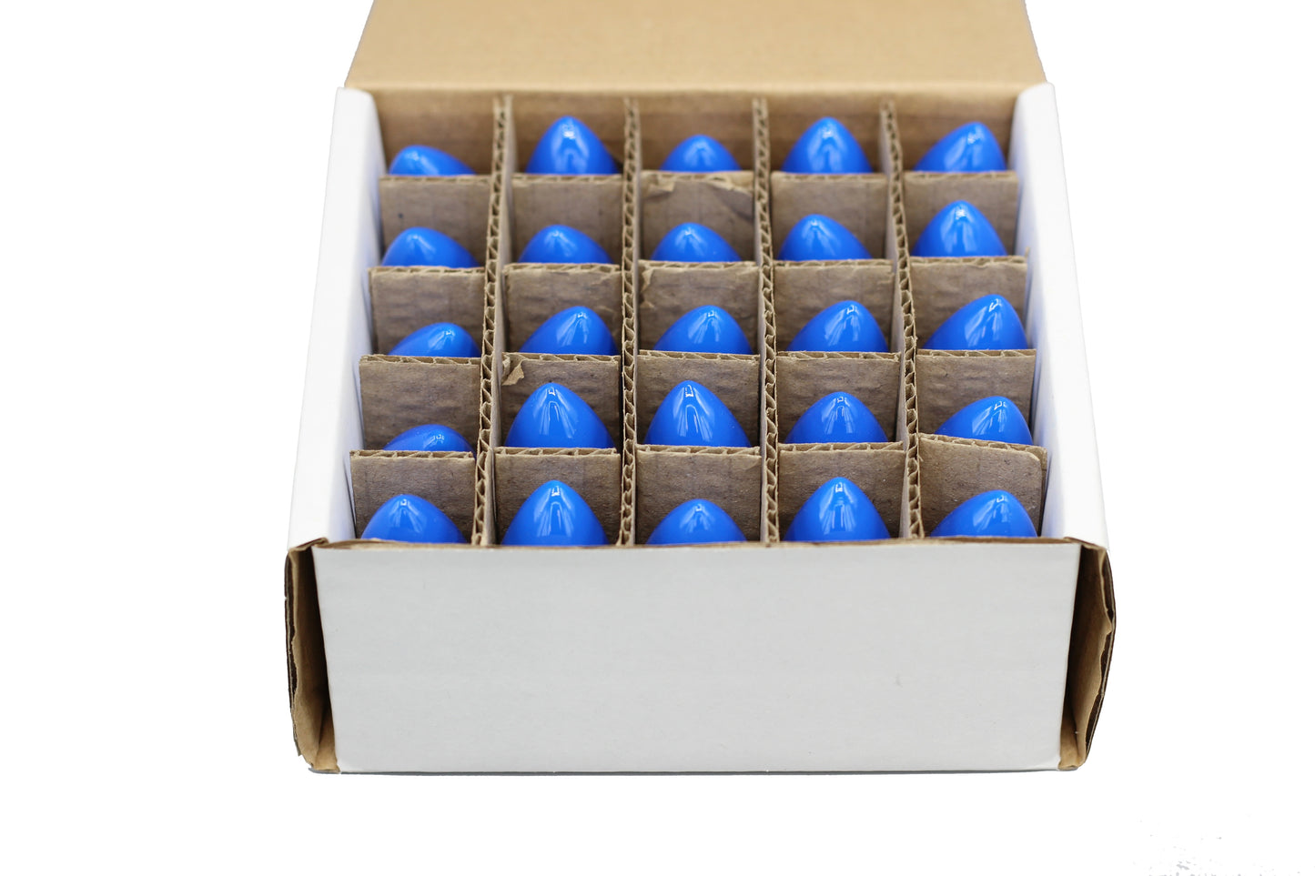 BOX OF 25 NIGHT LIGHT CANDLE LAMP BULBS -7 watt, C7, -OPAQUE BLUE - side view