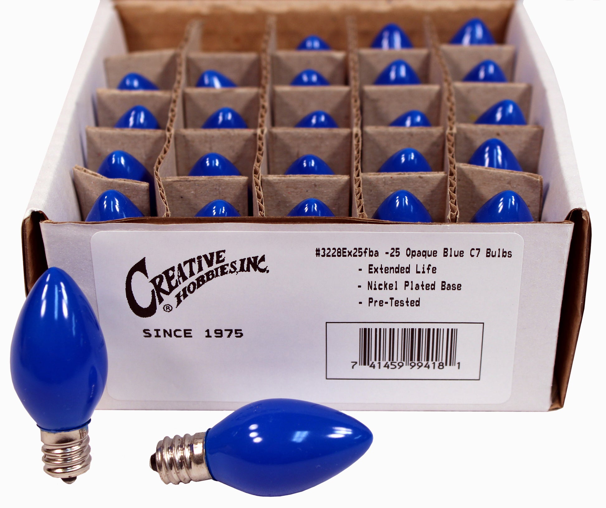 BOX OF 25 NIGHT LIGHT CANDLE LAMP BULBS -7 watt, C7, -OPAQUE BLUE - close-up
