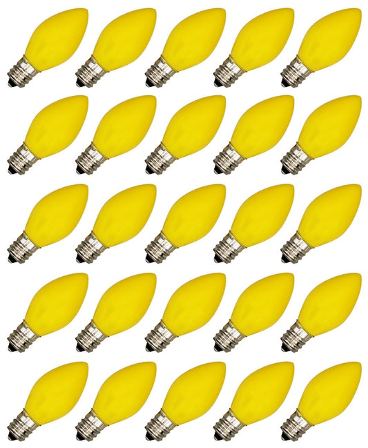 BOX OF 25 NIGHT LIGHT CANDLE LAMP BULBS -5 watt, C7, -OPAQUE YELLOW - ceramic, for christmas