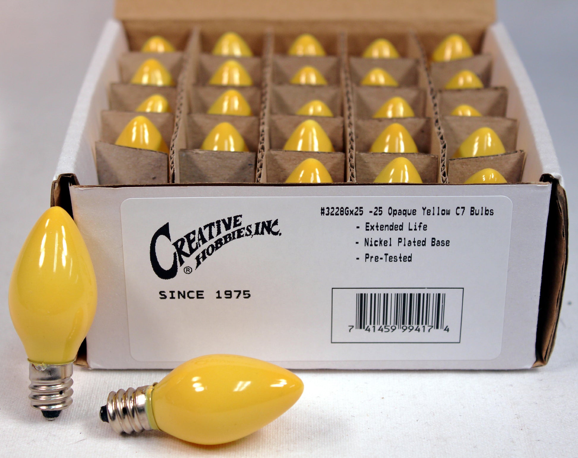 BOX OF 25 NIGHT LIGHT CANDLE LAMP BULBS -5 watt, C7, -OPAQUE YELLOW - close-up