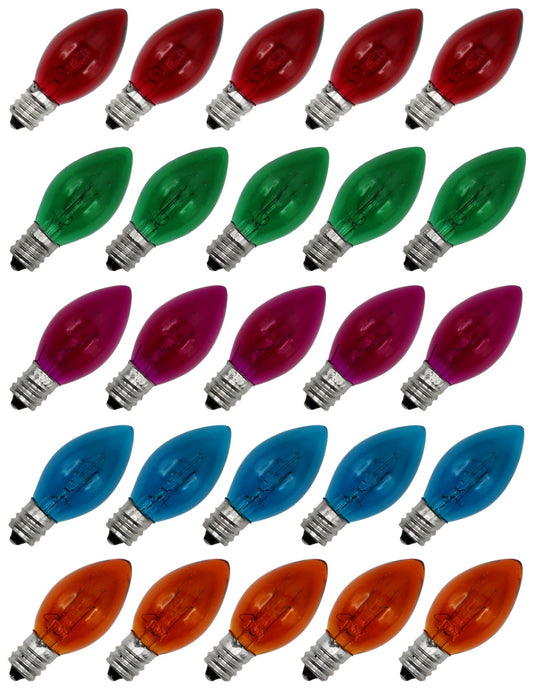 25 Pack C9 Christmas Replacement Light Bulbs - Steady Burning - 7 Watt, - ceramic, for night light