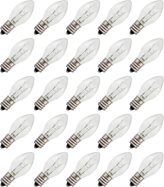 Clear Steady Burning C7 Clear Night Light Bulbs, 5W 120V, E12 Aluminum Screw Base