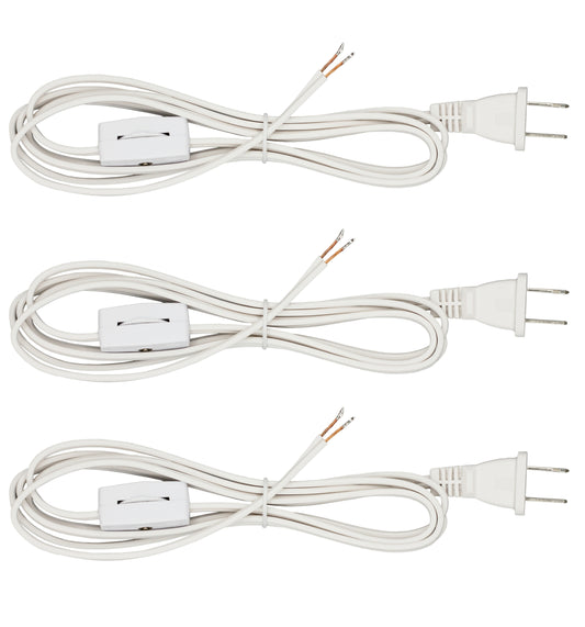 6 Foot White  Lamp Cord With Rotary Switch, Polarized Plug, Stripped Ends Ready