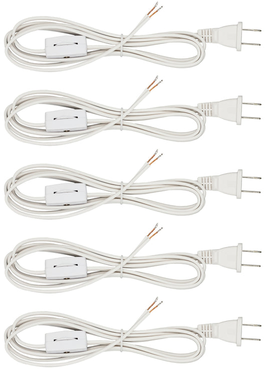 6 Foot White  Lamp Cord With Rotary Switch, Polarized Plug, Stripped Ends Ready