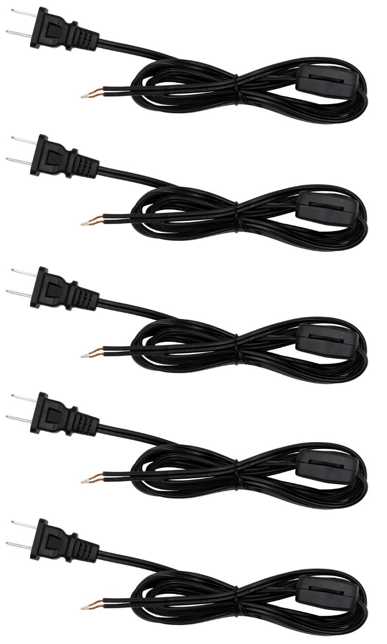 6 Foot Black Lamp Cord With Rotary Switch, Polarized Plug, Stripped Ends Ready
