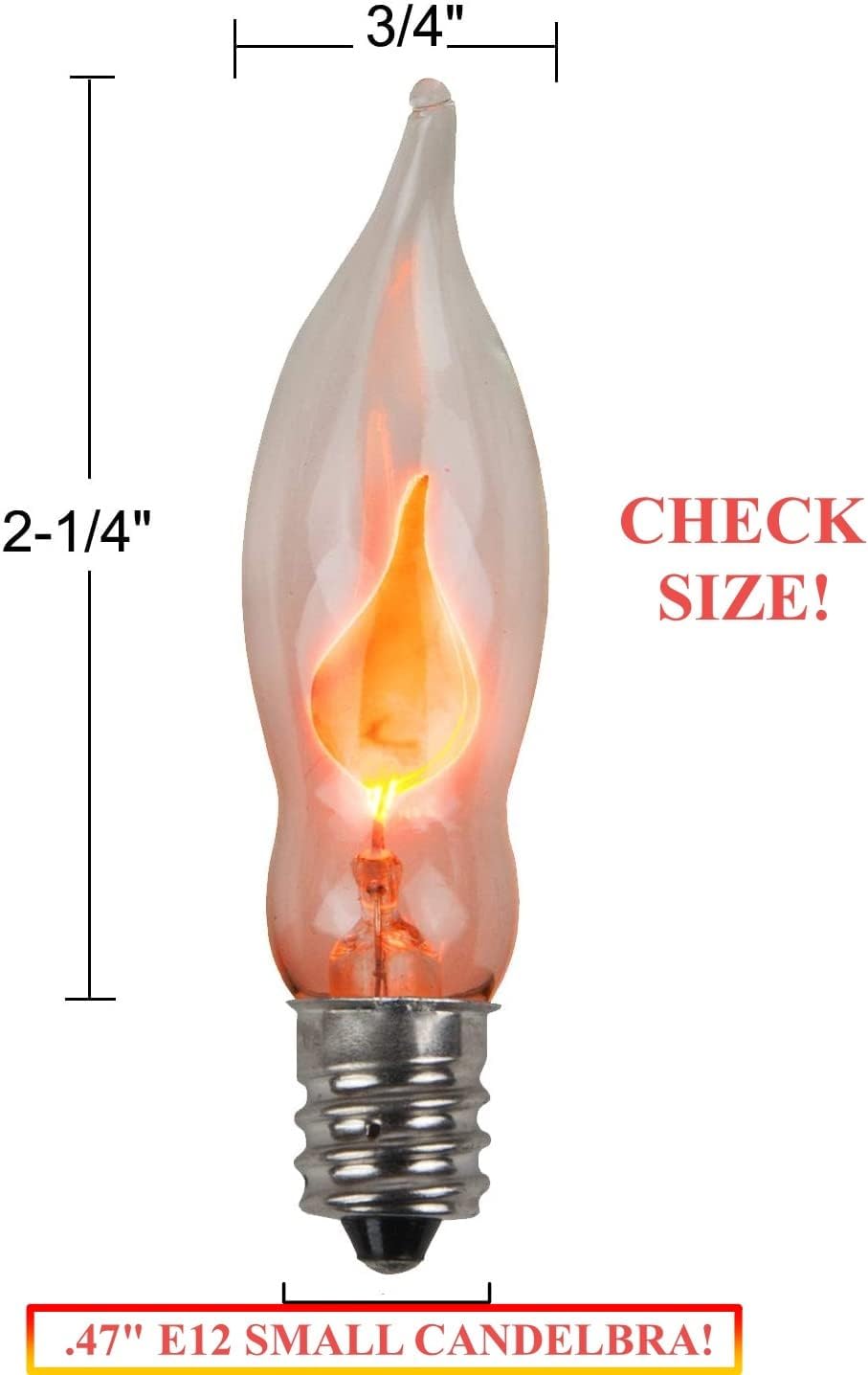 A101 Flicker Flame Light Bulb -3 Watt, Flame Shaped, Nickel Plated Base,- Dances with a Flickering Orange Glow - Box of 5 Bulbs