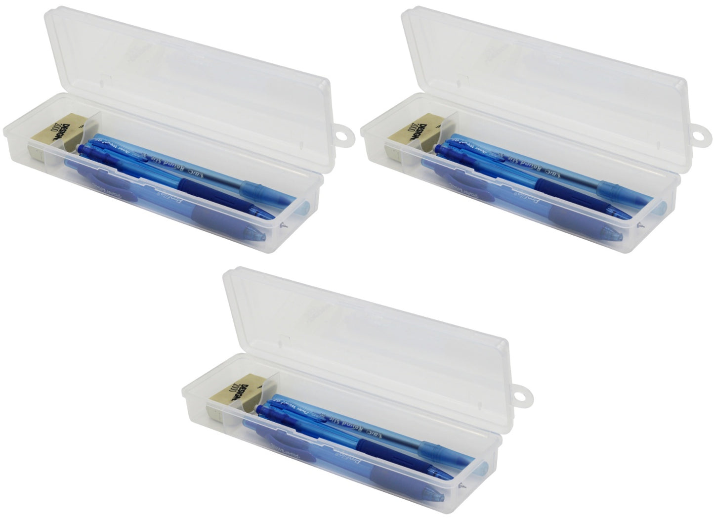 Clear Plastic Pencil Box with Hinged Lid & Snap Closure -for Pencils, Pens,