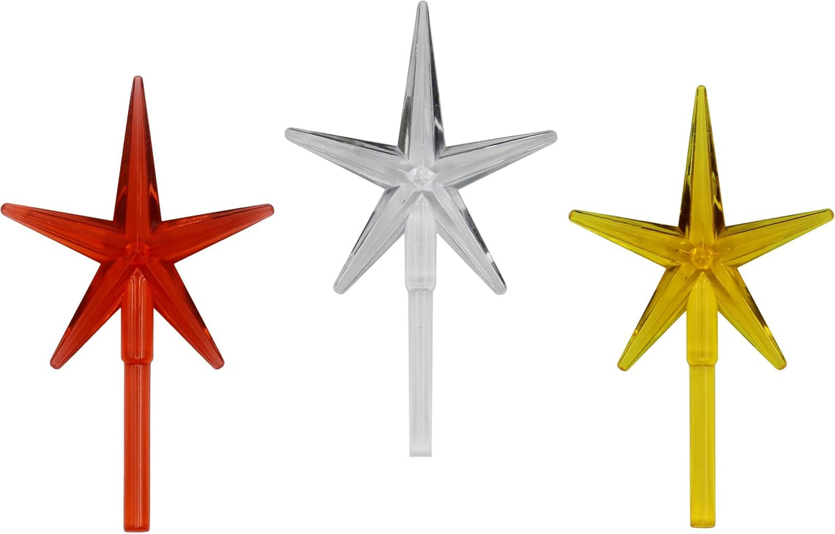 Three included ceramic tree star toppers in red, clear, and gold