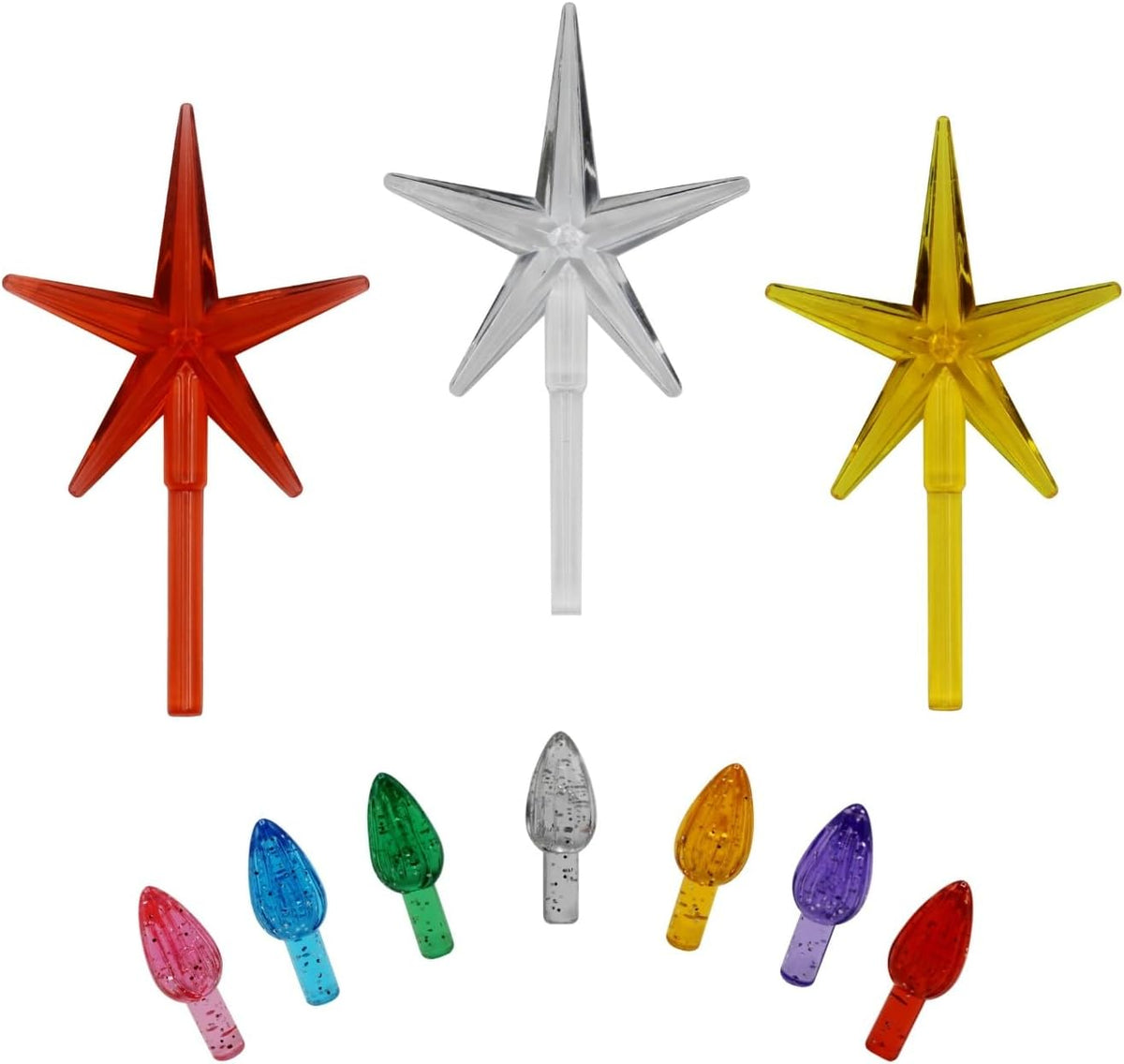 Glittered multicolor medium twist tree lights with red, clear, and gold star toppers