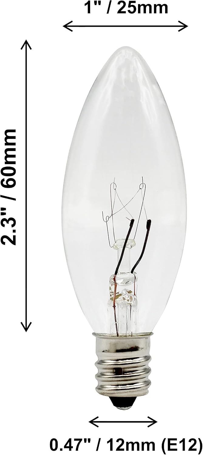 Clear E12 Torpedo Light Bulbs, 7 Watt, for Window Candles and Chandeliers - 25 Pack