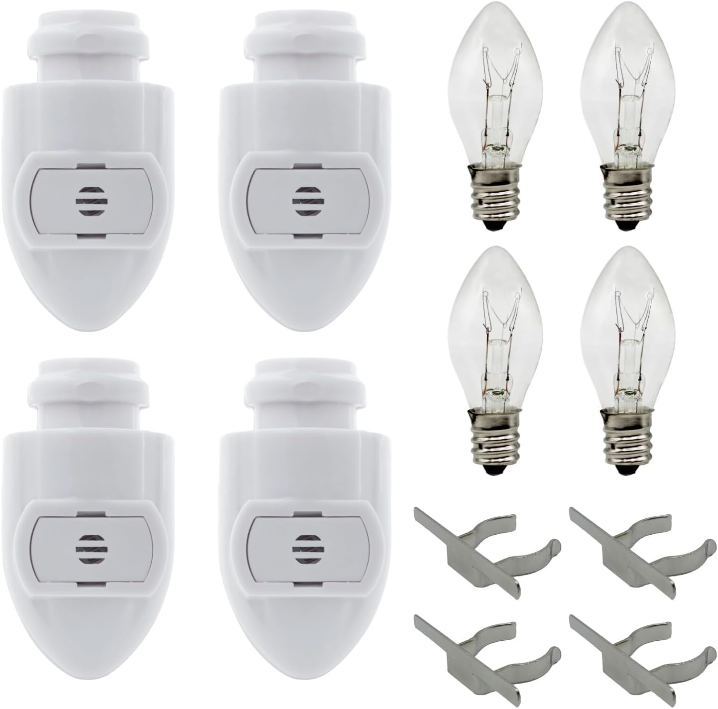 Auto On Sensor Plug in Night Light Module Includes 4 Bulbs and 4 Metal Clips, Great for Making Your Own Decorative Night Lights, Pack of 4 (White Sensor)