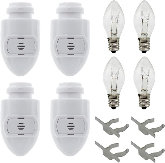 Auto On Sensor Plug in Night Light Module Includes 4 Bulbs and 4 Metal Clips, Great for Making Your Own Decorative Night Lights, Pack of 4 (White Sensor)