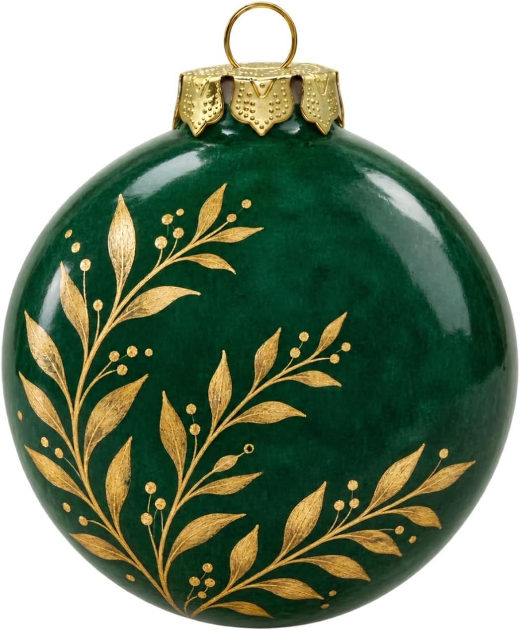 Green ornament with gold leaf designs shown as a decorating example; supplied unpainted