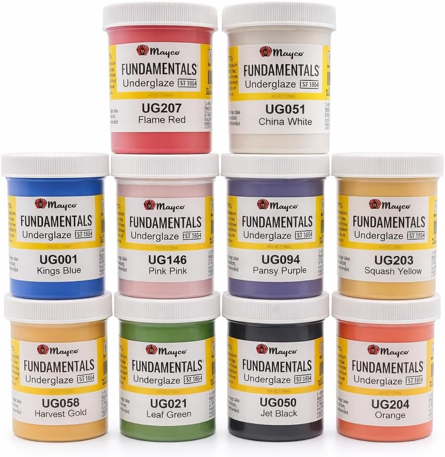 Set of 10 Mayco Fundamentals Ceramic Underglaze Paints, 4 oz Jars, Assorted Colors for Clay, Greenware & Bisque