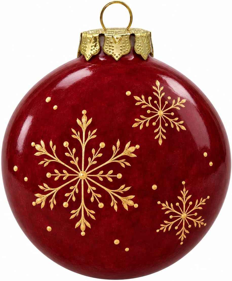Red ornament with gold snowflakes shown as a decorating example; supplied unpainted
