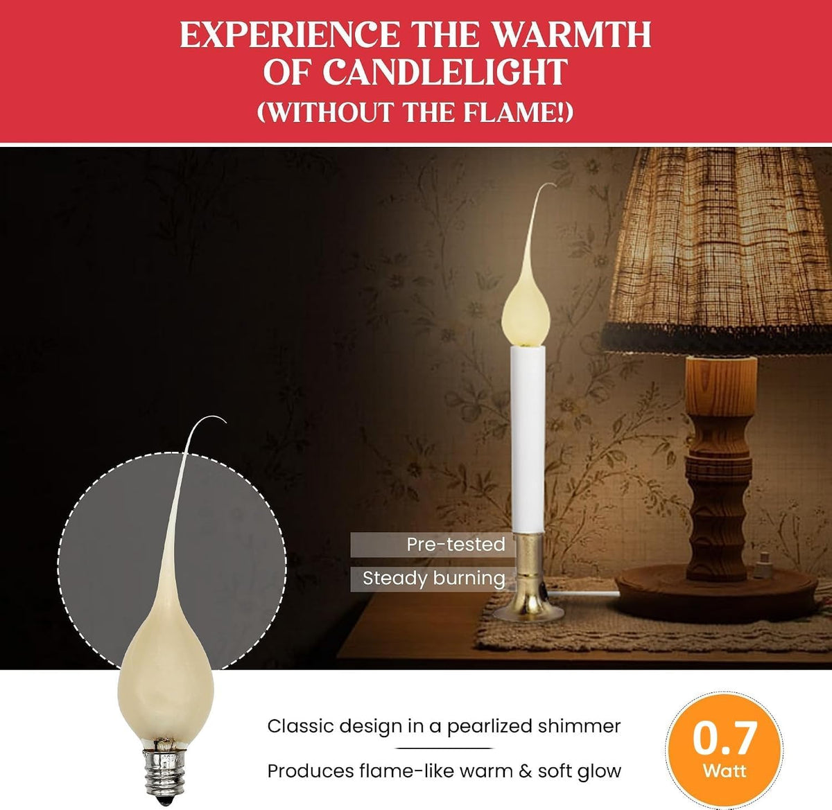 Pearlized Silicone C7 LED Bulbs, Gold Glow, E12 Base, 0.7W – 10 Pack