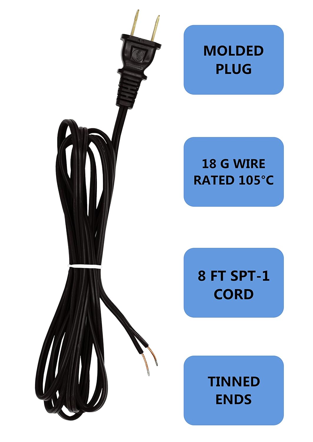 Brown 18 Gauge Lamp Cord with Polarized Plug and Stripped Tinned Ends - 8 Foot